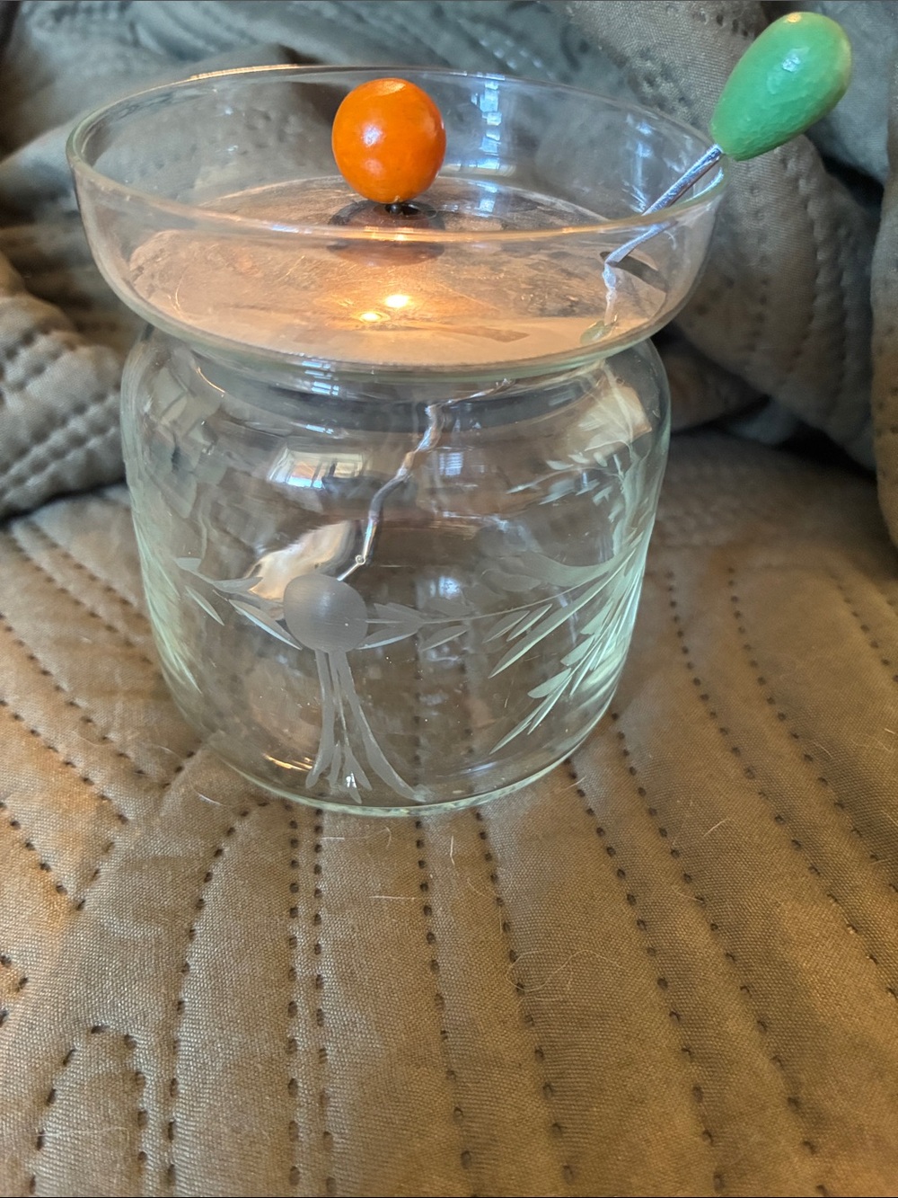 Vintage Hand-Blown Glass Jar with lid and spoon with wooden toppers